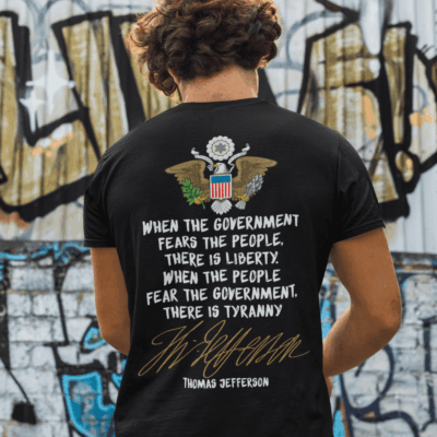Alternative view of Thomas Jefferson Liberty Tyranny 2nd Second Amendment Rights Patriotic American Print On Back Only T-shirt
