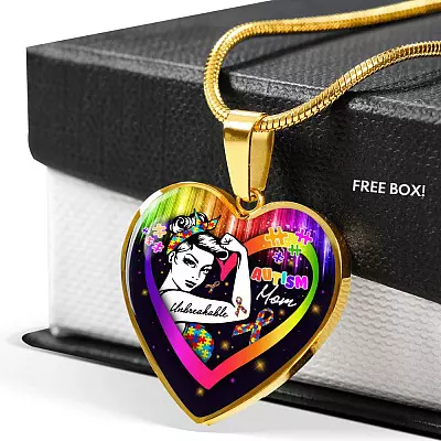 Proud Strong Autism Mom Unbreakable Heart Pendant Necklace – Autism Warrior Mom Pride Heart Necklace - Heart Luxury Necklace (Gold Plated)