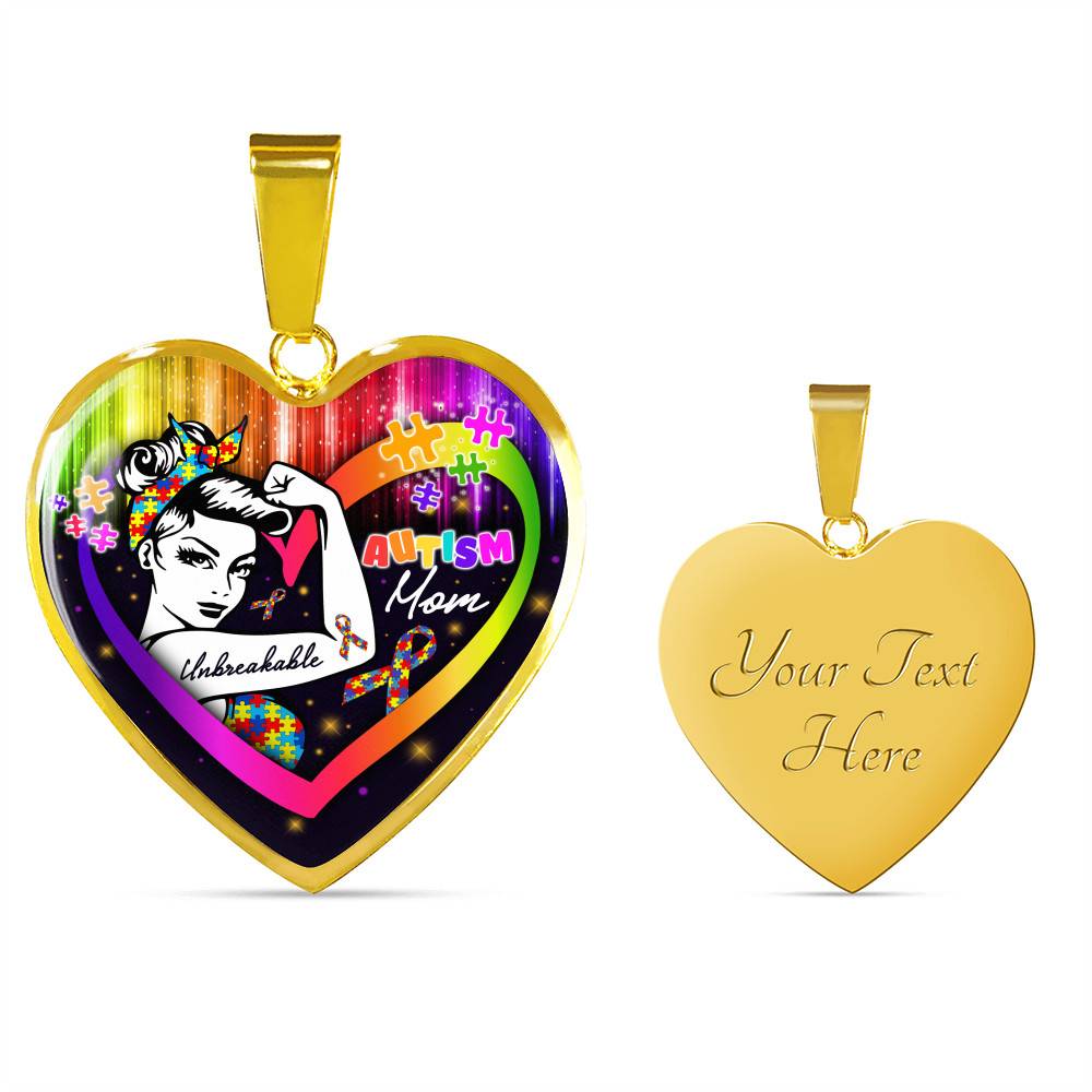 Proud Strong Autism Mom Unbreakable Heart Pendant Necklace – Autism Warrior Mom Pride Heart Necklace - Heart Luxury Necklace (Gold Plated)