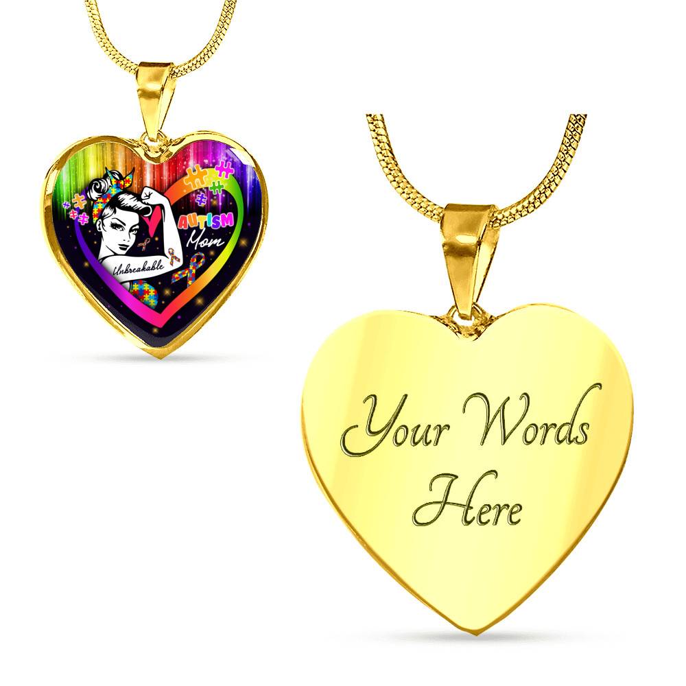 Proud Strong Autism Mom Unbreakable Heart Pendant Necklace – Autism Warrior Mom Pride Heart Necklace - Heart Luxury Necklace (Gold Plated)