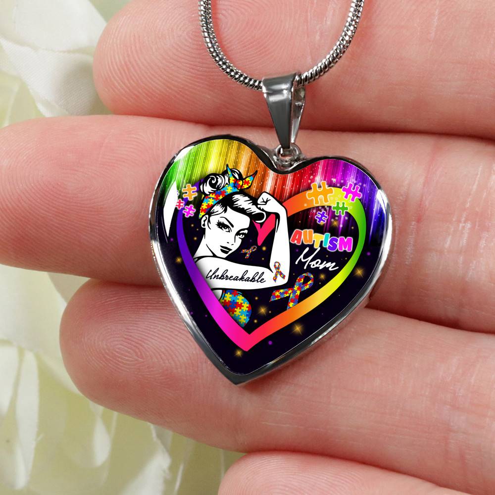 Proud Strong Autism Mom Unbreakable Heart Pendant Necklace – Autism Warrior Mom Pride Heart Necklace - Heart Luxury Necklace (Silver)