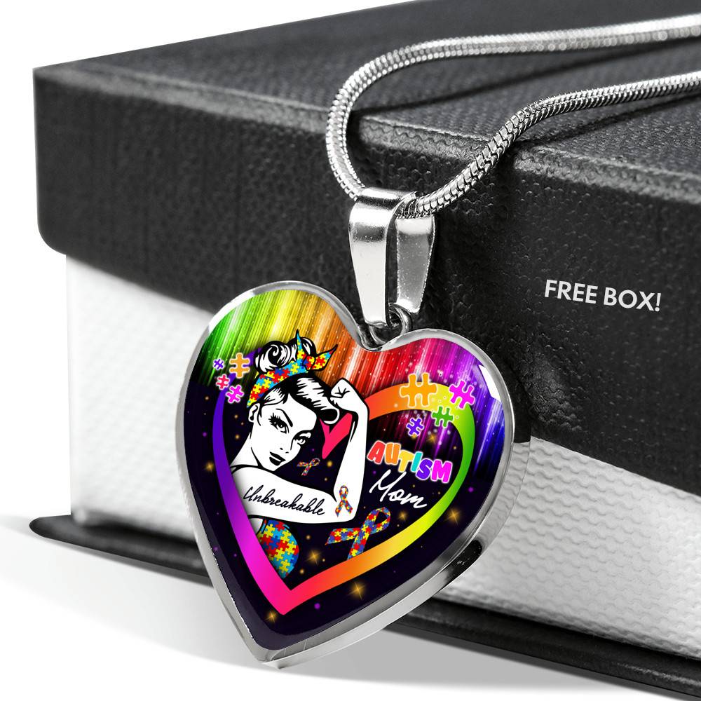 Proud Strong Autism Mom Unbreakable Heart Pendant Necklace – Autism Warrior Mom Pride Heart Necklace - Heart Luxury Necklace (Silver)