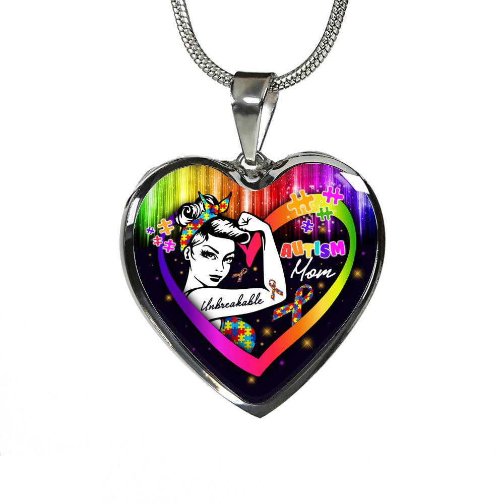 Proud Strong Autism Mom Unbreakable Heart Pendant Necklace – Autism Warrior Mom Pride Heart Necklace - Heart Luxury Necklace (Silver)