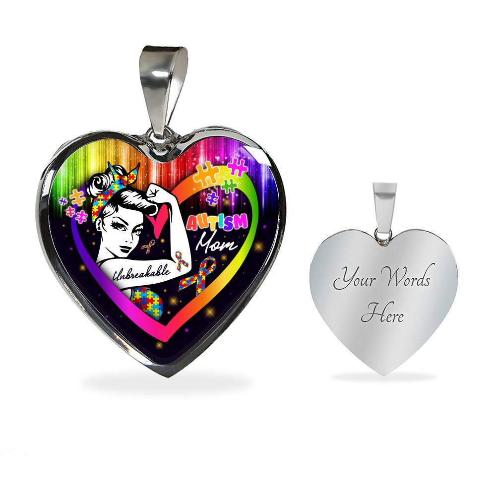 Proud Strong Autism Mom Unbreakable Heart Pendant Necklace – Autism Warrior Mom Pride Heart Necklace - Heart Luxury Necklace (Silver)