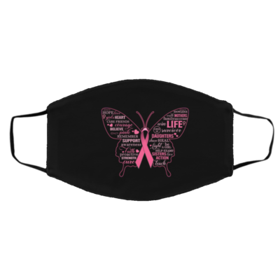 Breast Cancer Butterfly Pink Ribbon Breast Cancer Survivor Gift Washable Reusable Face Mask, Black, Cloth Face Cover – Medium/Large