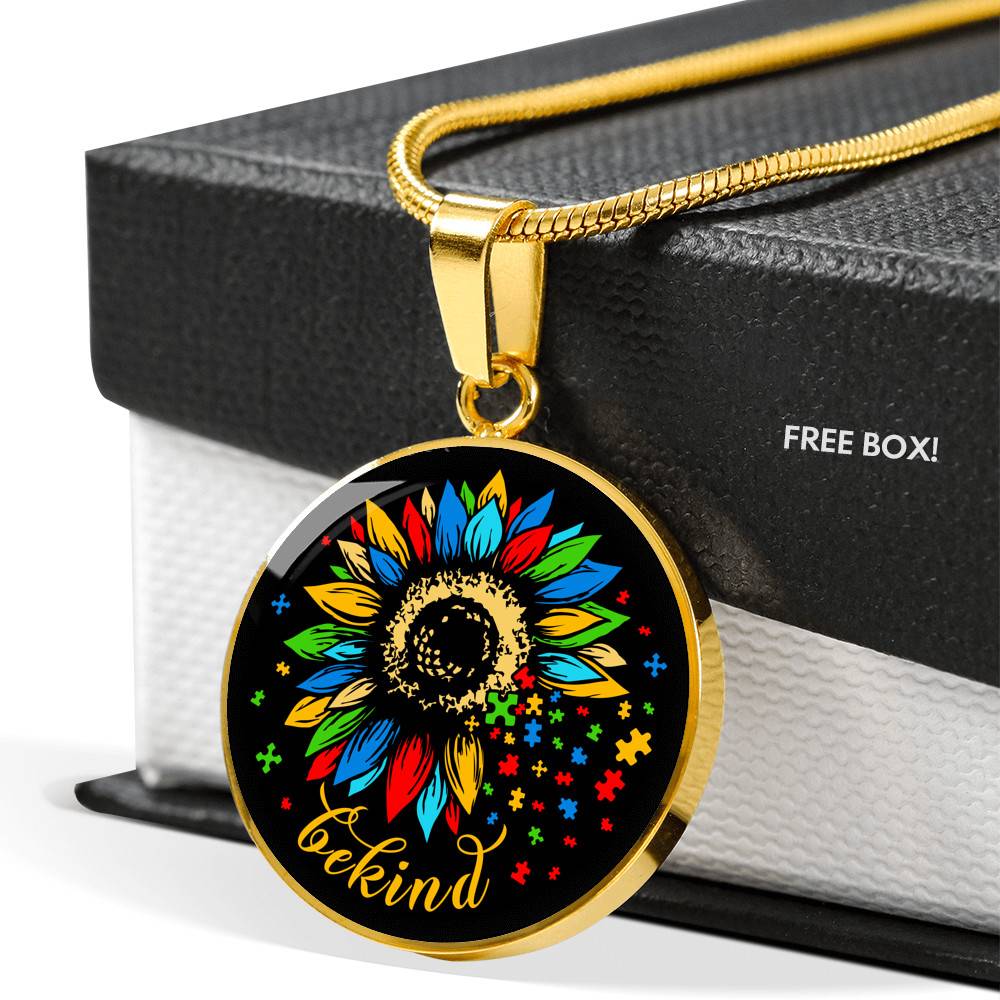 In a World Where You Can-be Any-thing Be-kind Sunflower Autism Awareness Circle Pendant Necklace - Circle Luxury Necklace (Gold Plated)