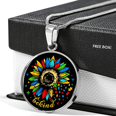 In a World Where You Can-be Any-thing Be-kind Sunflower Autism Awareness Circle Pendant Necklace - Circle Luxury Necklace (Silver)