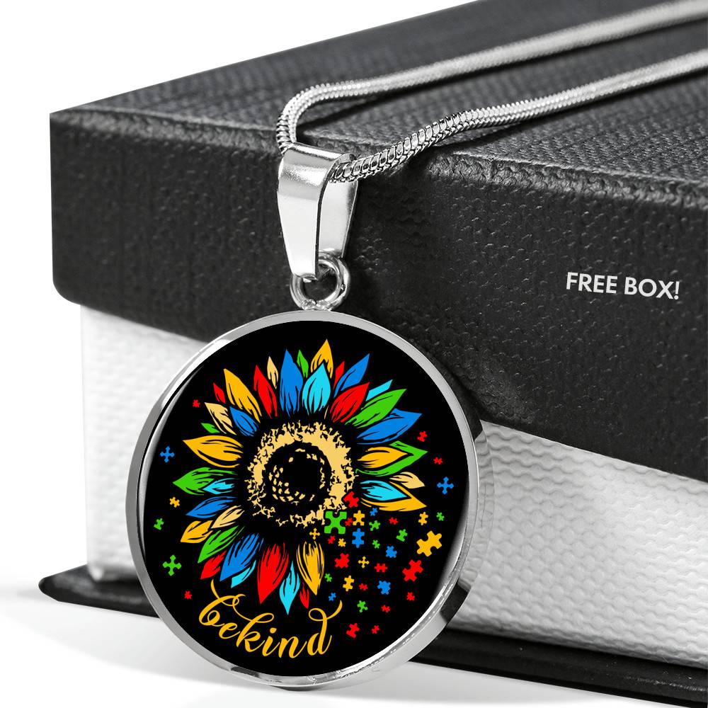 In a World Where You Can-be Any-thing Be-kind Sunflower Autism Awareness Circle Pendant Necklace - Circle Luxury Necklace (Silver)