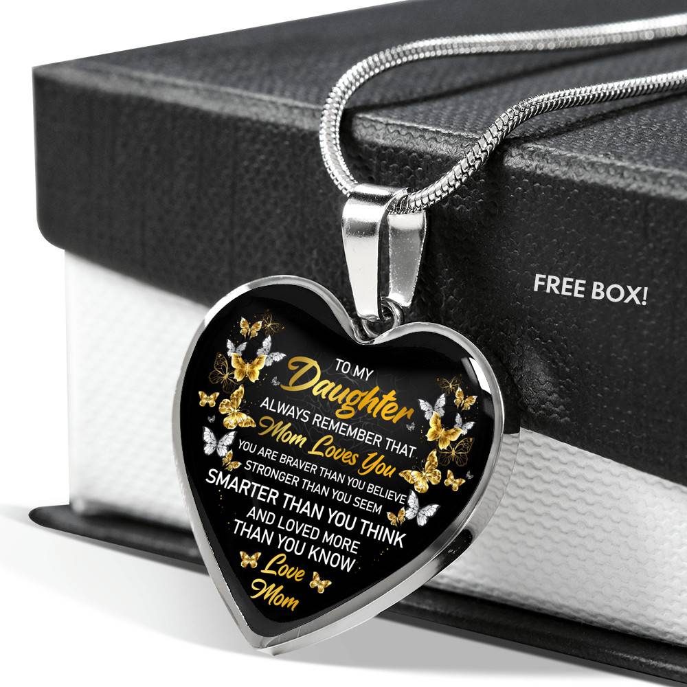 Mom to My Daughter Always Remember that Mom Loves You You Are Braver Than You Believe Heart Pendant Necklace - Heart Luxury Necklace (Silver)