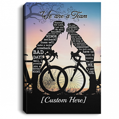 Personalized Kissing Biking Couple We're A Team Gallery Wrapped Framed Canvas Prints - Unframed Poster, White, 0.75'' Framed Canvas
