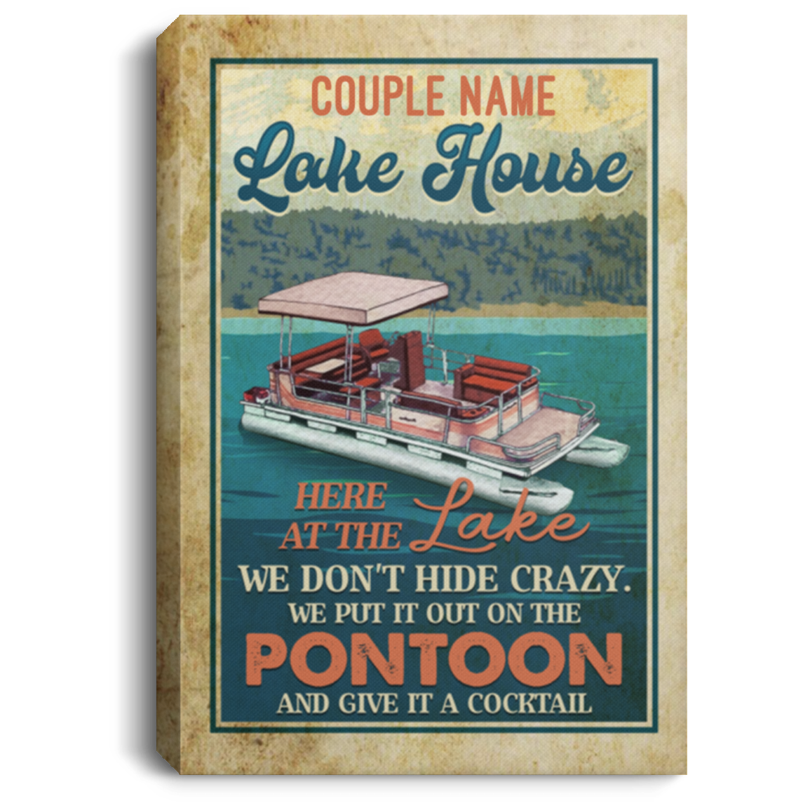 Personalized Pontoon Boat Couples Framed Canvas Prints - Lake House Pontoon Boat Gift for Couple Unframed Poster, White, 0.75'' Framed Canvas
