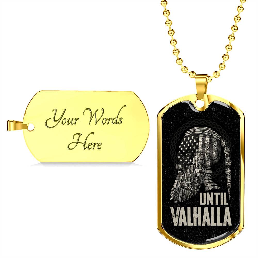 Until Valhalla Viking Dog Tag Necklace - Skull American Flag Norse Viking Dog Tag Necklace - Dog Tag (Gold Plated)