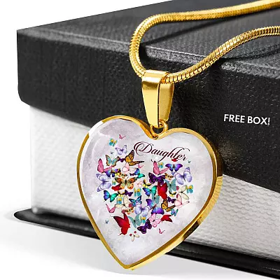 Colorful Butterfly Daughter Heart Pendant Necklace - Daughter Gift Necklace - Heart Luxury Necklace (Gold Plated)