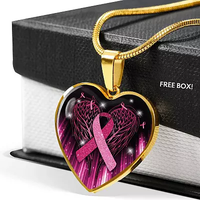 Breast Cancer Awareness Ribbon with Angel Wings Heart Pendant Necklace - Breast Cancer Survivor Pendant Necklace - Heart Luxury Necklace (Gold Plated)