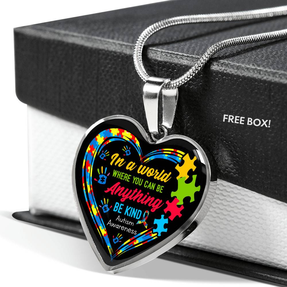 In A World Where You Can Be Anything Be Kind Autism Awareness Heart Pendant Necklace - Heart Luxury Necklace (Silver)