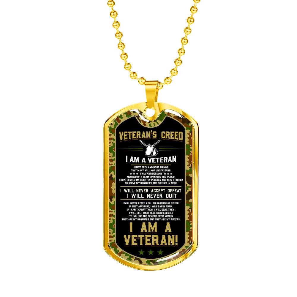Veteran's Creed I'm A Veteran Camo Dog Tag Pendant Necklace - Veteran Necklace Gift - Dog Tag (Gold Plated)