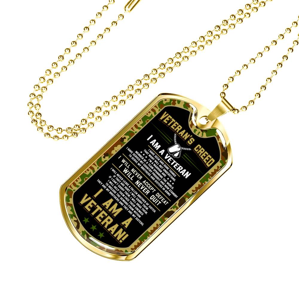 Veteran's Creed I'm A Veteran Camo Dog Tag Pendant Necklace - Veteran Necklace Gift - Dog Tag (Gold Plated)