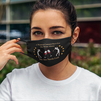Alternative view of A Woman Cannot Survive On Wine Alone She Also Needs Golf Washable Reusable Custom Printed Cloth Face Mask Cover