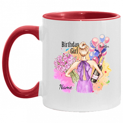 Personalized Happy Birthday Mug Birthday Girl Ceramic Coffee Mug - Beer Stein - Water Bottle, White/Red, 11 oz. Accent Mug
