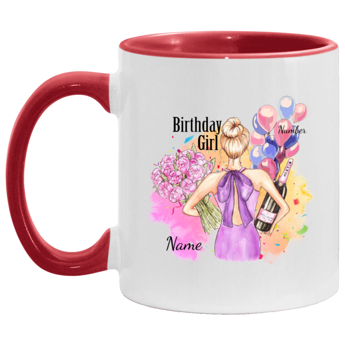 Personalized Happy Birthday Mug Birthday Girl Ceramic Coffee Mug - Beer Stein - Water Bottle, White/Red, 11 oz. Accent Mug