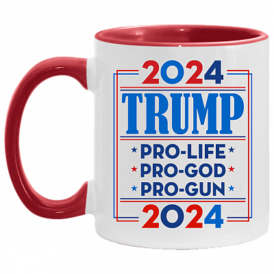 Trump 2024 Pro Trump Pro Gun Pro God - Anti Biden Accent Mug, White/Red, 11 oz. Accent Mug