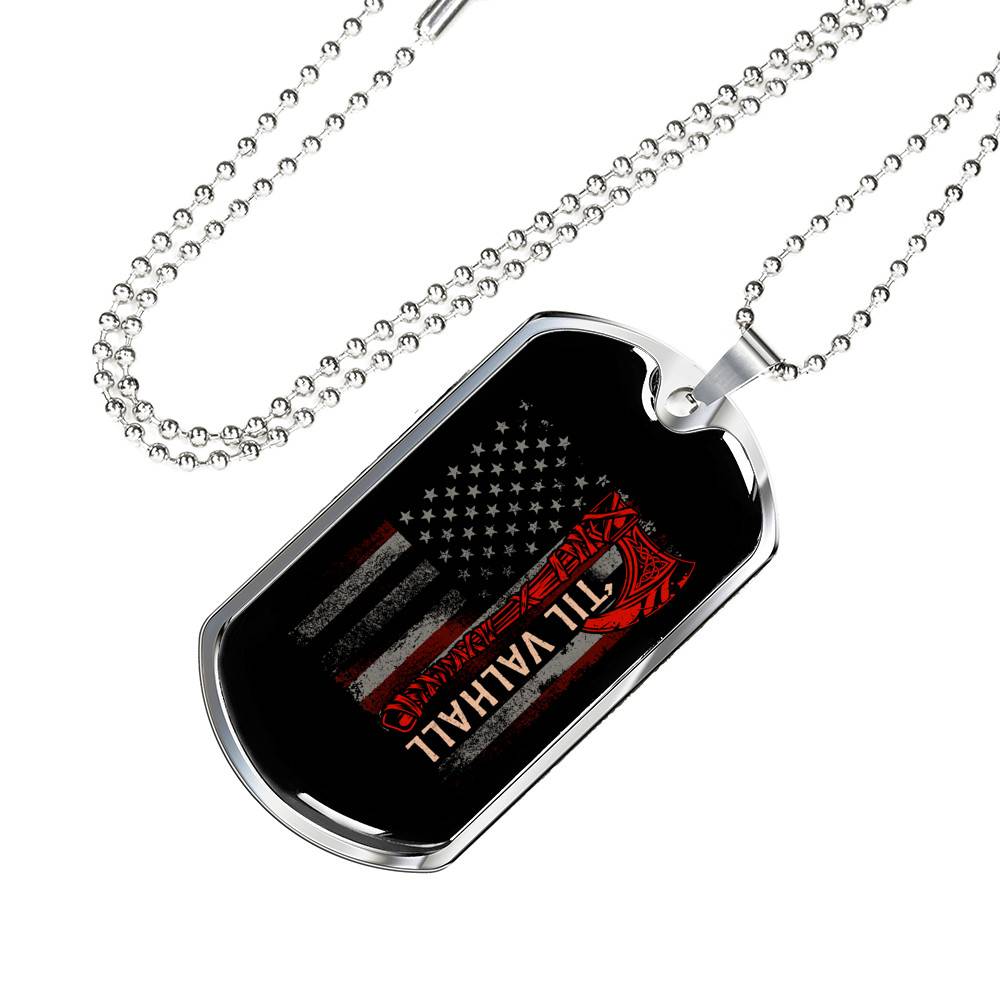 Vintage Till Valhall America Flag Dog Tag Pendant Necklace - Dog Tag (Silver)