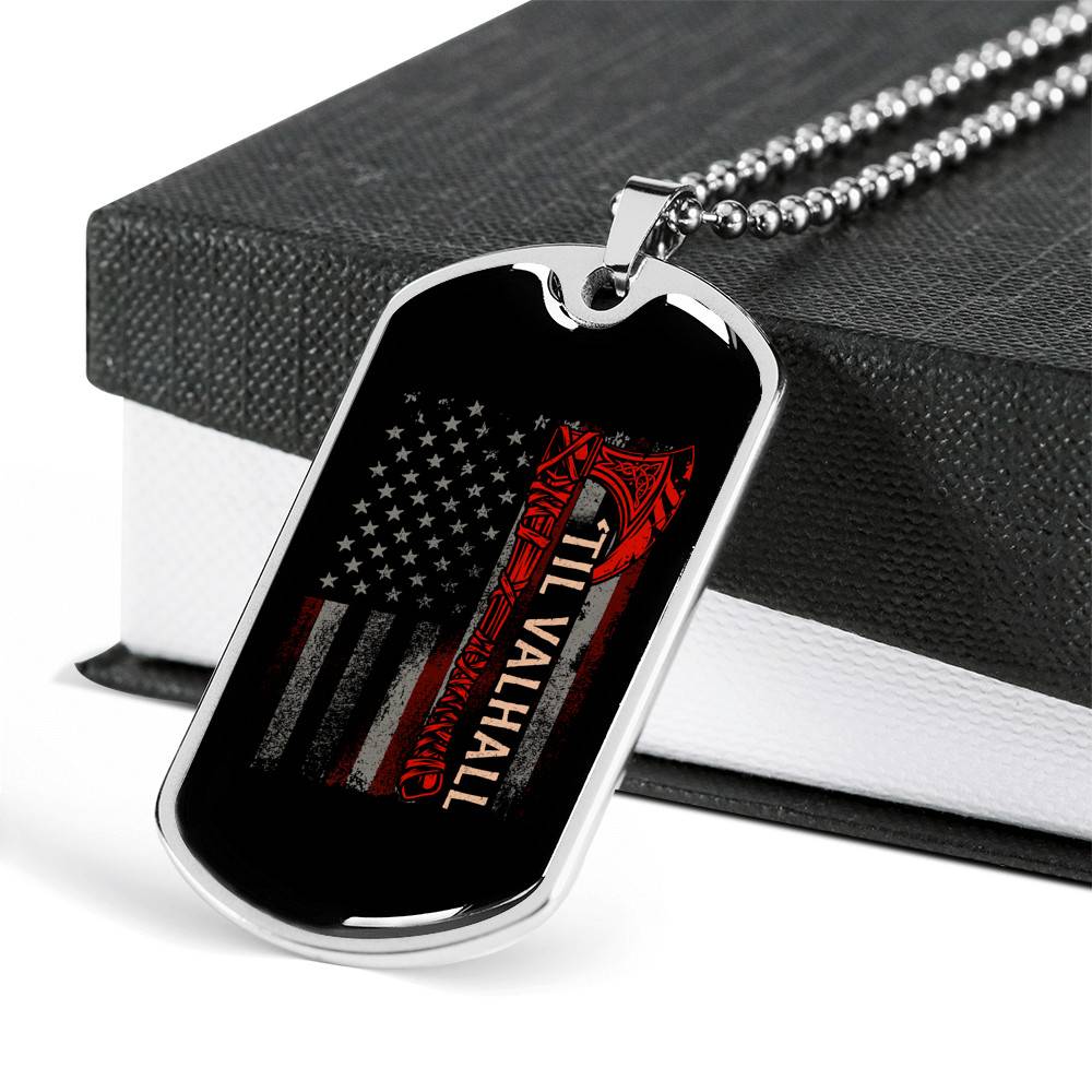 Vintage Till Valhall America Flag Dog Tag Pendant Necklace - Dog Tag (Silver)