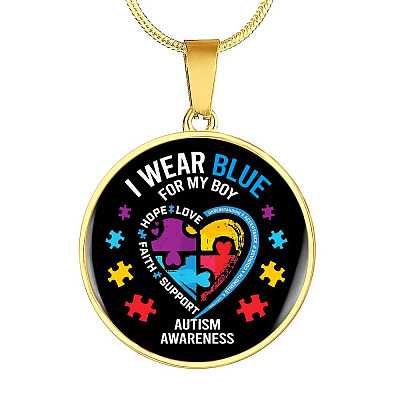 I Wear Blue for My Son Autism Awareness Circle Pendant Necklace - Circle Luxury Necklace (Gold Plated)