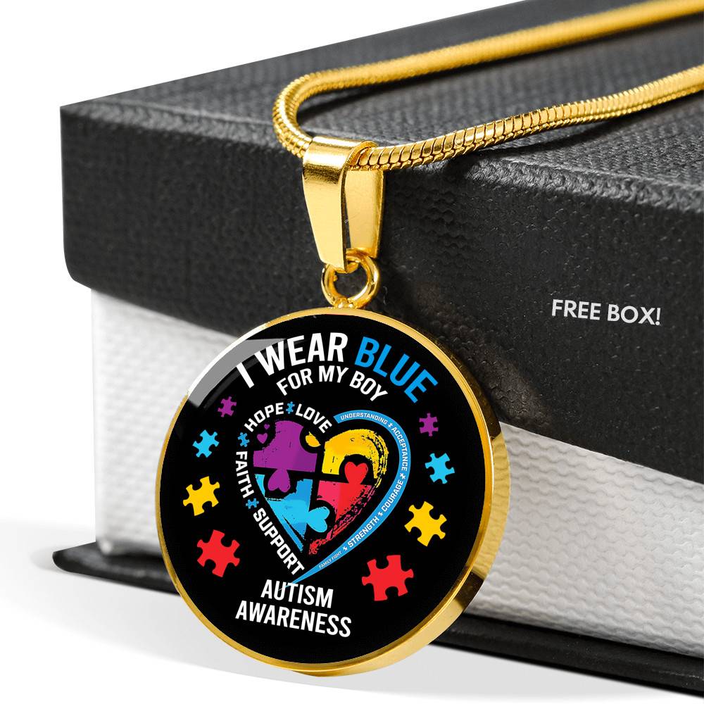 I Wear Blue for My Son Autism Awareness Circle Pendant Necklace - Circle Luxury Necklace (Gold Plated)