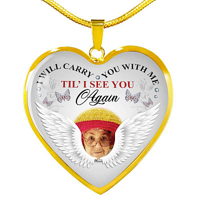 Personalized Photo I Will Carry You With Me Til' I See You Again Butterfly Memorial Luxury Heart Pendant Necklace - Heart Luxury Necklace (Gold Plated)