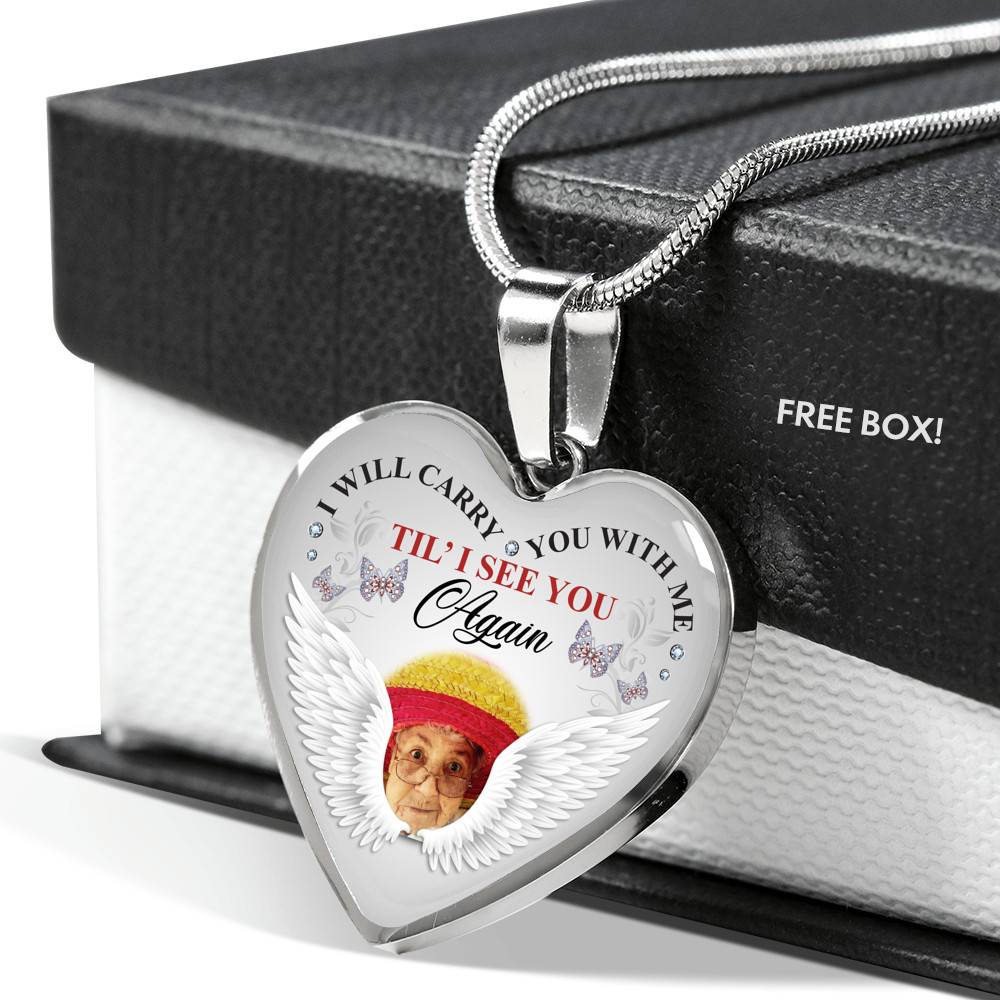 Personalized Photo I Will Carry You With Me Til' I See You Again Butterfly Memorial Luxury Heart Pendant Necklace - Heart Luxury Necklace (Silver)