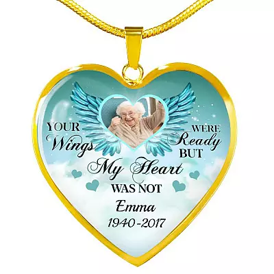 Personalized Photo Your Wings Were Ready But My Heart Was Not Memorial Luxury Heart Pendant Necklace - Heart Luxury Necklace (Gold Plated)