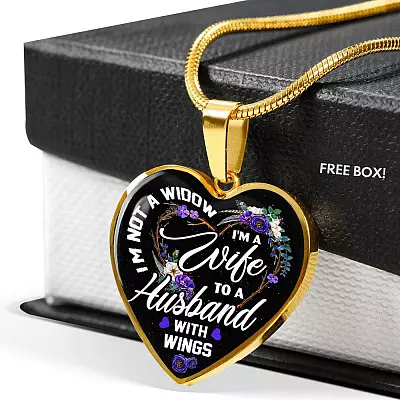 I'm Not a Widow I'm a Wife to a Husband with Wings Floral Heart Pendant Necklace - Heart Luxury Necklace (Gold Plated)