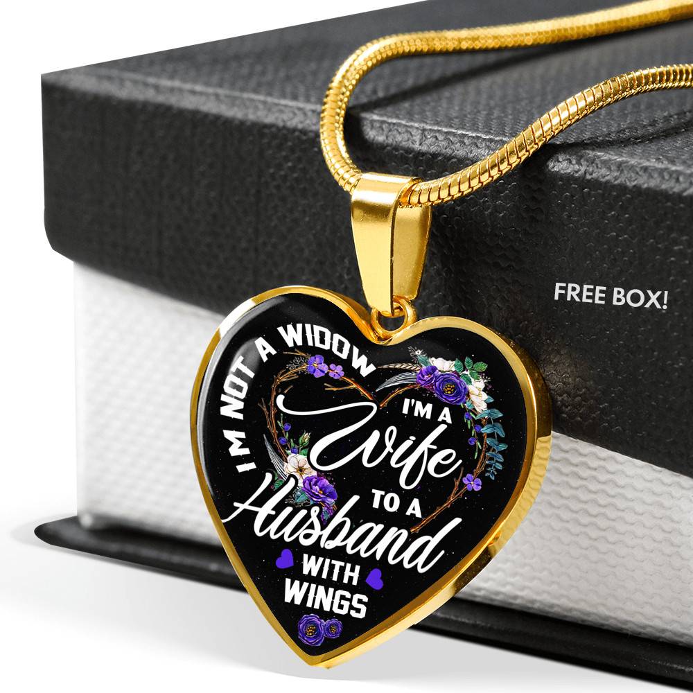 I'm Not a Widow I'm a Wife to a Husband with Wings Floral Heart Pendant Necklace - Heart Luxury Necklace (Gold Plated)