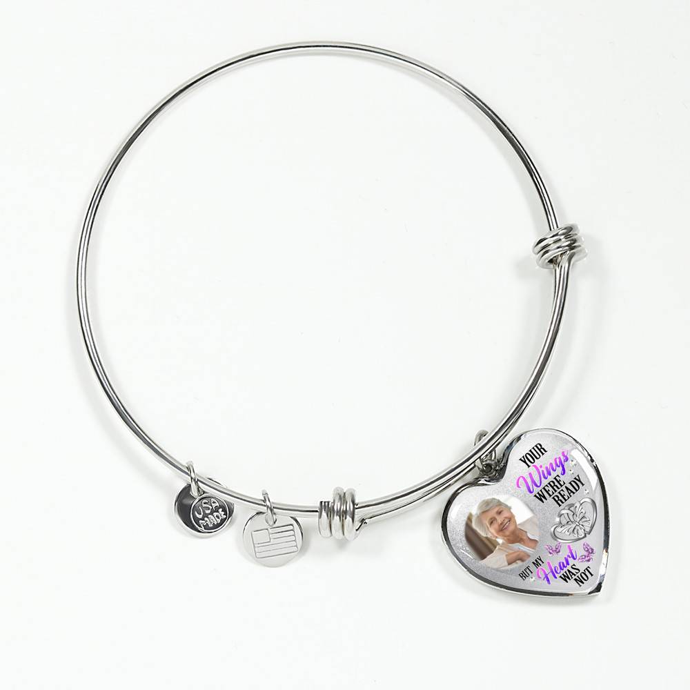 Personalized Photo Your Wings Were Ready But My Heart Was Not Butterfly Memorial Luxury Heart Pendant Necklace - Heart Bangle