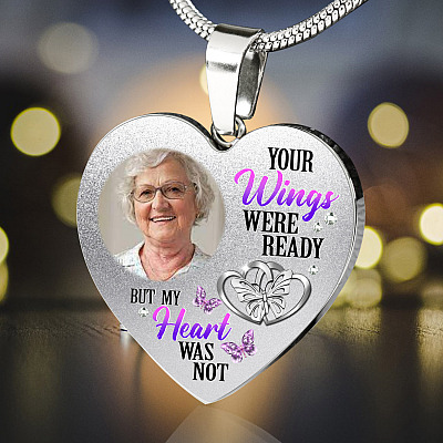 Alternative view of Personalized Photo Your Wings Were Ready But My Heart Was Not Butterfly Memorial Luxury Heart Necklace-Bangle