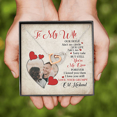 Personalized Photo to My Wife Our Home Ain't No Castle Our Life You're My Queen Joined Interlocking Hearts Necklace
