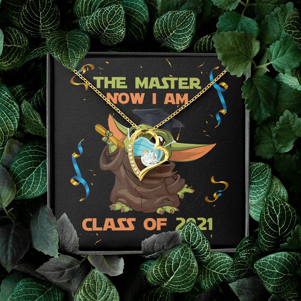 The Master Now I Am Baby Yoda Wearing Mask Graduation 2021 Interlocking Hearts Pendant Necklace