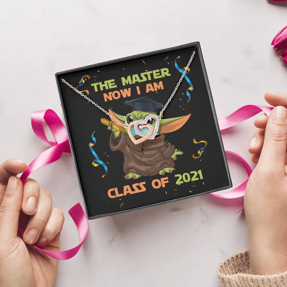 The Master Now I Am Baby Yoda Wearing Mask Graduation 2021 Interlocking Hearts Pendant Necklace