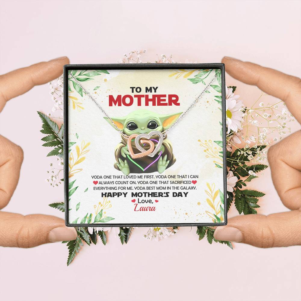 Personalized Baby Yoda To My Mother Yoda Best Mom In The Galaxy Mother's Day Interlocking Hearts Necklace