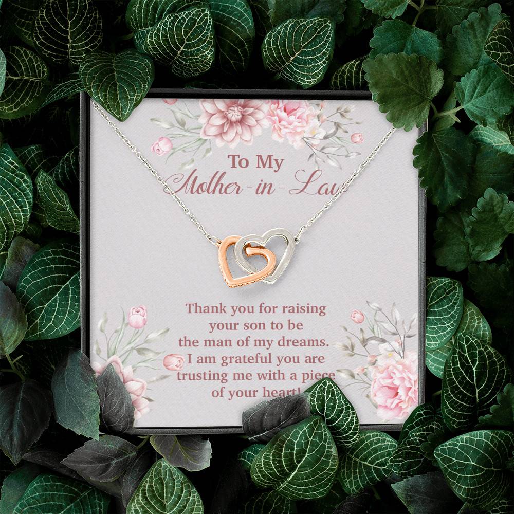 To My Mother in Law Thank You for Raising Your Son to Be the Man of My Dreams Interlocking Hearts Pendant Necklace