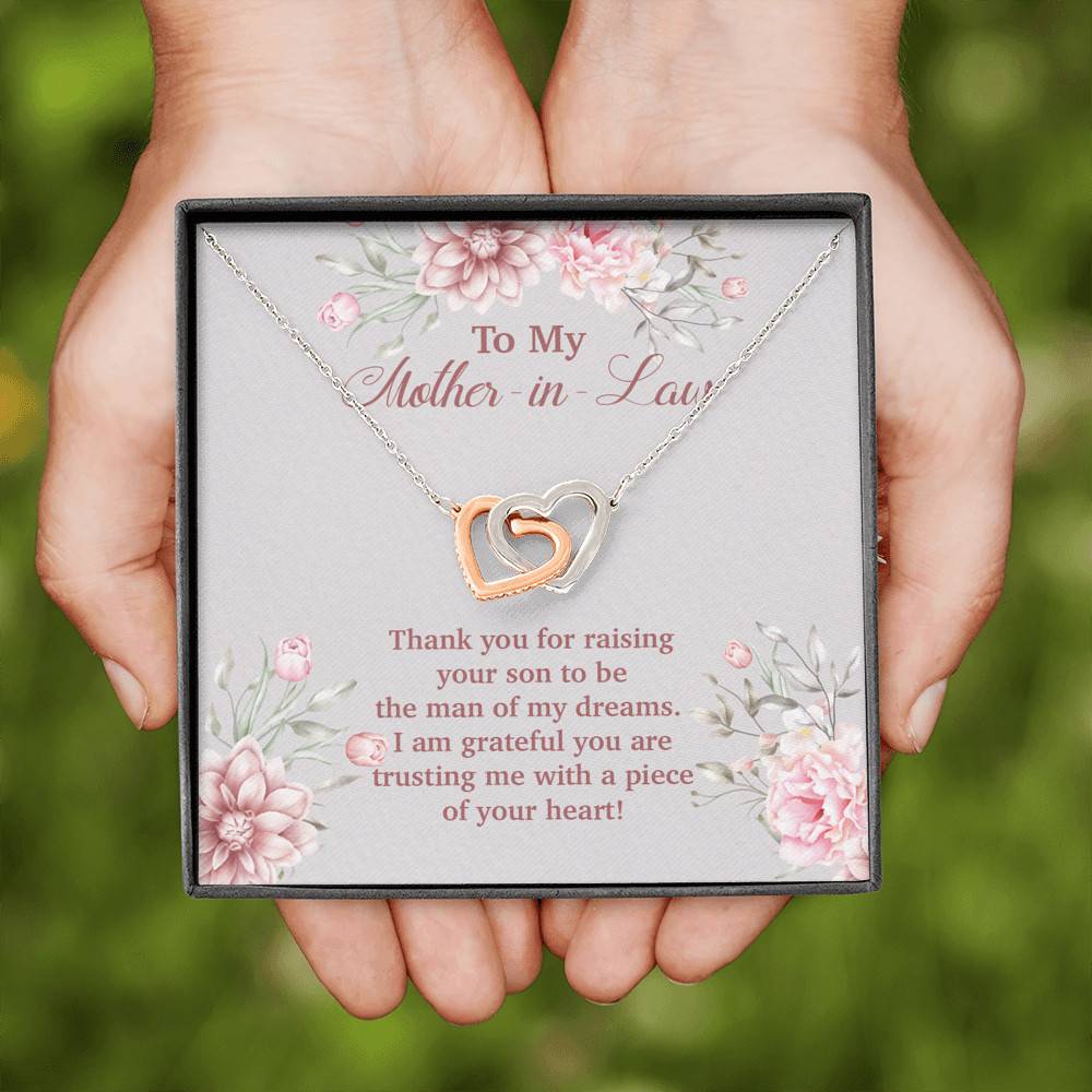 To My Mother in Law Thank You for Raising Your Son to Be the Man of My Dreams Interlocking Hearts Pendant Necklace