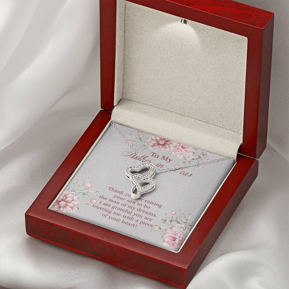 To My Mother in Law Thank You for Raising Your Son to Be the Man of My Dreams Double Hearts Pendant Necklace