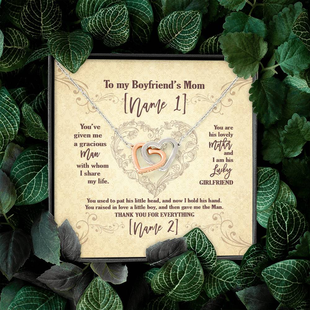 Personalized Text To My Boyfriend's Mom Saying I'm His Lucky Girlfriend Saying Interlocking Hearts Necklace