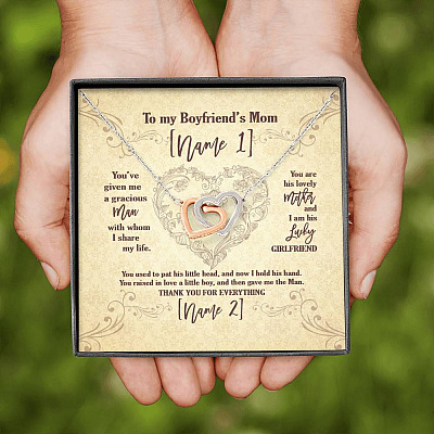 Personalized Text To My Boyfriend's Mom Saying I'm His Lucky Girlfriend Saying Interlocking Hearts Necklace