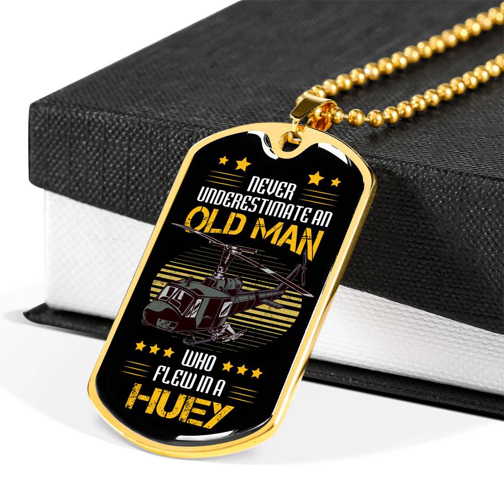 Never Underestimate An Old Man Who Flew In A Huey Dog Tag Pendant Necklace