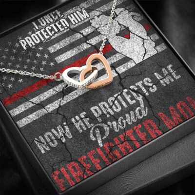 I Once Protected Him Now He Protects Me Proud Firefighter Mom American Flag Interlocking Hearts Pendant Necklace