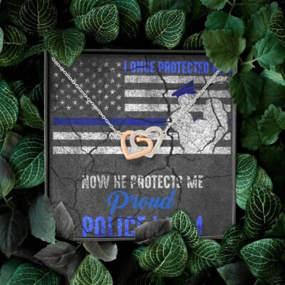 I Once Protected Him Now He Protects Me Proud Police Mom American Flag Interlocking Hearts Pendant Necklace