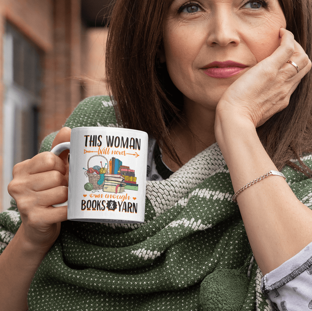 This Woman Will Never Own Enough Books and Yarn Ceramic Coffee Mug - Beer Stein - Water Bottle