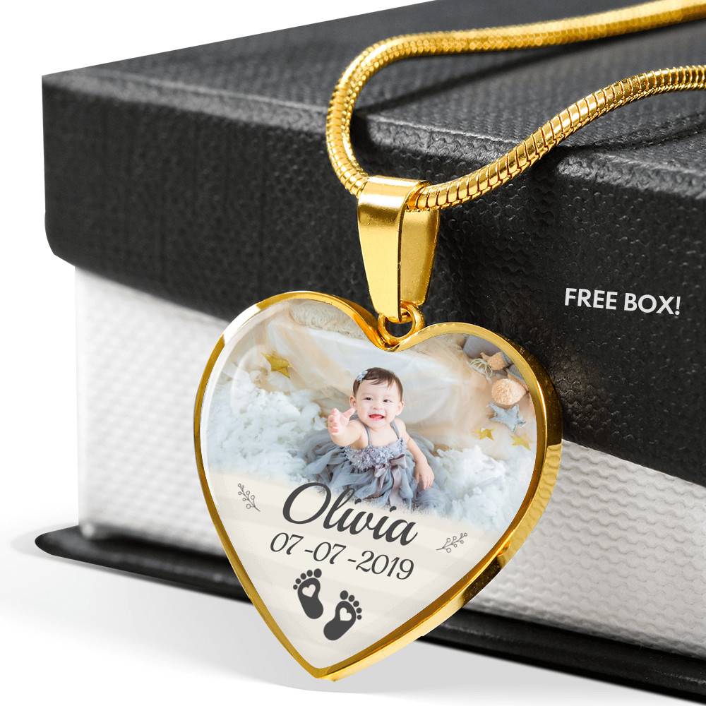 Personalized Photo Baby Feet Heart Pendant Necklace - Heart Luxury Necklace (Gold Plated)